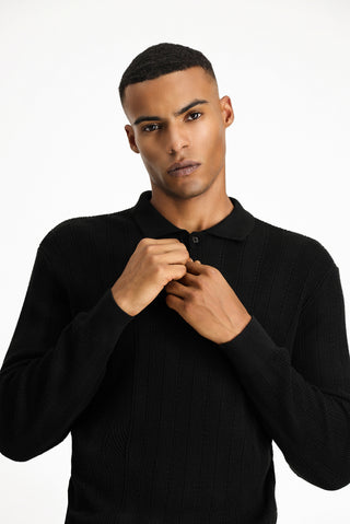  Siyah Polo Yaka Slim Fit Dar Kesim Desenli Pamuklu Triko Kazak