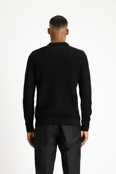 Siyah Polo Yaka Düğmeli Slim Fit Desenli Pamuklu Triko Kazak