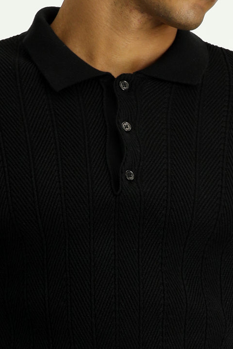 Siyah Polo Yaka Düğmeli Slim Fit Desenli Pamuklu Triko Kazak