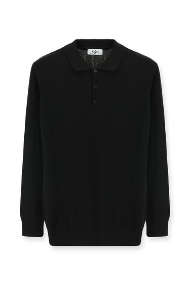 Siyah Polo Yaka Slim Fit Dar Kesim Desenli Pamuklu Triko Kazak