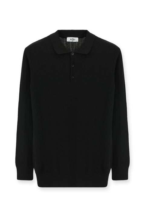 Siyah Polo Yaka Düğmeli Slim Fit Desenli Pamuklu Triko Kazak