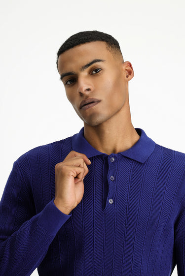 Açık Lacivert Polo Yaka Slim Fit Dar Kesim Desenli Pamuklu Triko Kazak