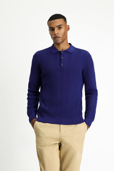 Açık Lacivert Polo Yaka Slim Fit Dar Kesim Desenli Pamuklu Triko Kazak