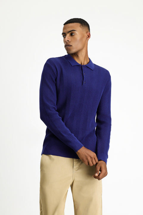 Açık Lacivert Polo Yaka Düğmeli Slim Fit Desenli Pamuklu Triko Kazak