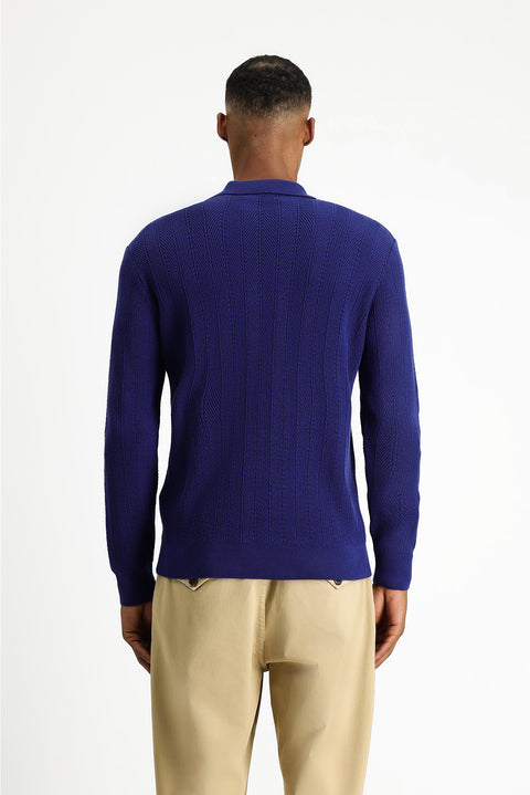 Açık Lacivert Polo Yaka Düğmeli Slim Fit Desenli Pamuklu Triko Kazak