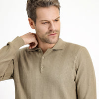 Orta Bej Polo Yaka Slim Fit Dar Kesim Desenli Pamuklu Triko Kazak