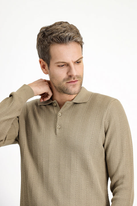 Orta Bej Polo Yaka Düğmeli Slim Fit Desenli Pamuklu Triko Kazak