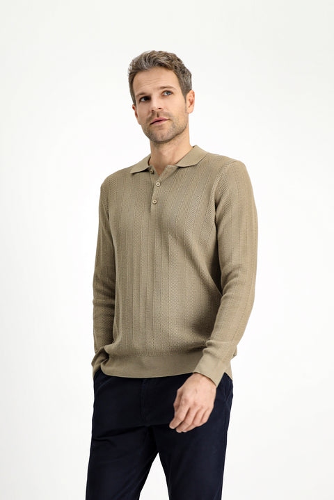 Orta Bej Polo Yaka Düğmeli Slim Fit Desenli Pamuklu Triko Kazak