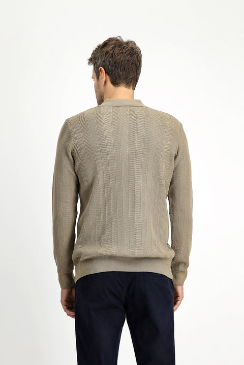 Orta Bej Polo Yaka Düğmeli Slim Fit Desenli Pamuklu Triko Kazak