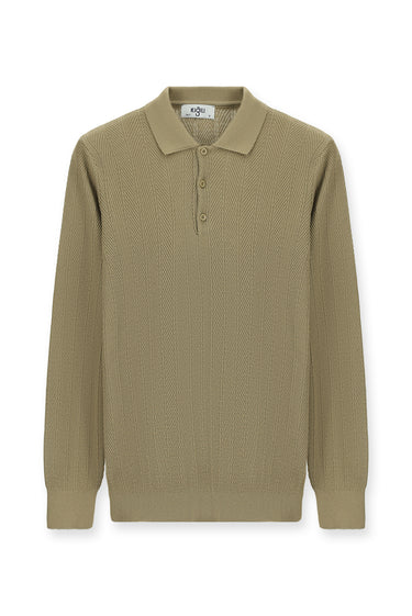 Orta Bej Polo Yaka Slim Fit Dar Kesim Desenli Pamuklu Triko Kazak