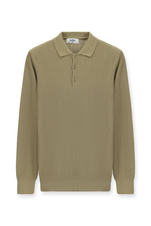 Orta Bej Polo Yaka Düğmeli Slim Fit Desenli Pamuklu Triko Kazak