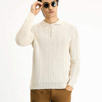 Ekru Polo Yaka Slim Fit Dar Kesim Desenli Pamuklu Triko Kazak