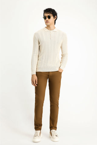  Ekru Polo Yaka Slim Fit Dar Kesim Desenli Pamuklu Triko Kazak