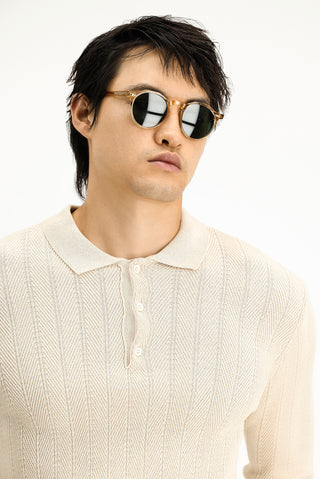  Ekru Polo Yaka Slim Fit Dar Kesim Desenli Pamuklu Triko Kazak