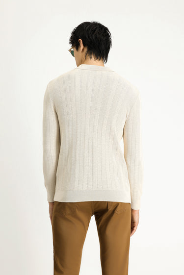 Ekru Polo Yaka Slim Fit Dar Kesim Desenli Pamuklu Triko Kazak