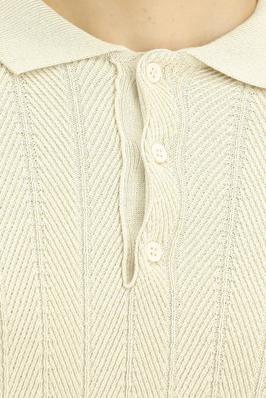 Ekru Polo Yaka Slim Fit Dar Kesim Desenli Pamuklu Triko Kazak