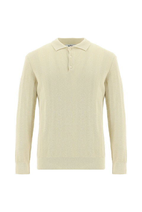 Ekru Polo Yaka Düğmeli Slim Fit Desenli Pamuklu Triko Kazak