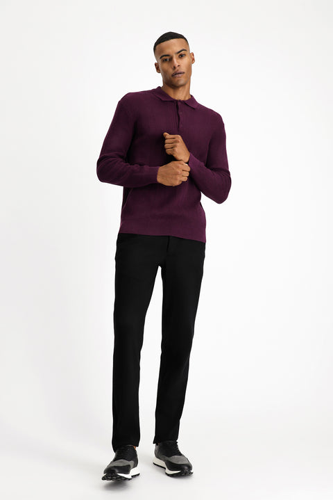 Mürdüm Polo Yaka Düğmeli Slim Fit Desenli Pamuklu Triko Kazak