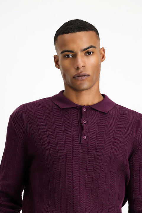 Mürdüm Polo Yaka Düğmeli Slim Fit Desenli Pamuklu Triko Kazak