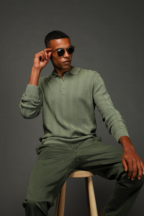 Çağla Yeşili Polo Yaka Düğmeli Slim Fit Desenli Pamuklu Triko Kazak