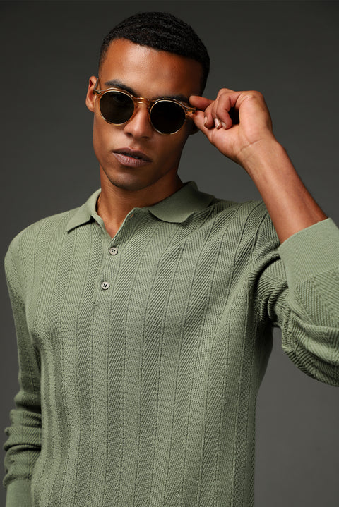 Çağla Yeşili Polo Yaka Düğmeli Slim Fit Desenli Pamuklu Triko Kazak