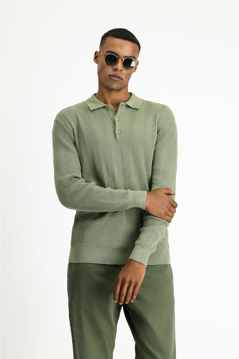 Çağla Yeşili Polo Yaka Düğmeli Slim Fit Desenli Pamuklu Triko Kazak