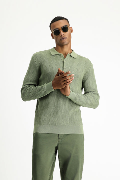 Çağla Yeşili Polo Yaka Düğmeli Slim Fit Desenli Pamuklu Triko Kazak