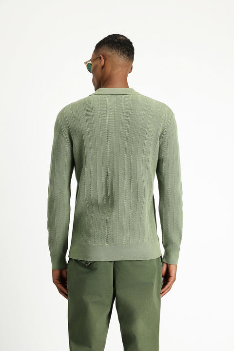 Çağla Yeşili Polo Yaka Düğmeli Slim Fit Desenli Pamuklu Triko Kazak