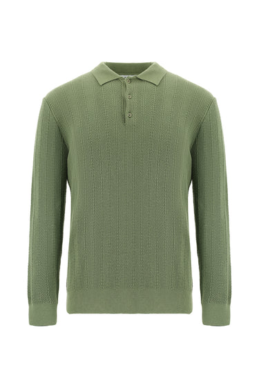 Çağla Yeşili Polo Yaka Slim Fit Dar Kesim Desenli Pamuklu Triko Kazak