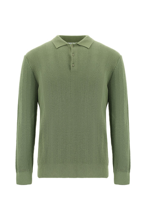 Çağla Yeşili Polo Yaka Düğmeli Slim Fit Desenli Pamuklu Triko Kazak