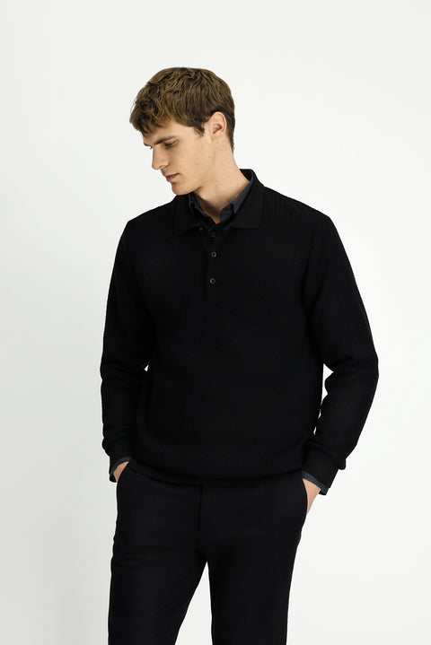 Siyah Polo Yaka Regular Fit Desenli Pamuklu Triko Kazak