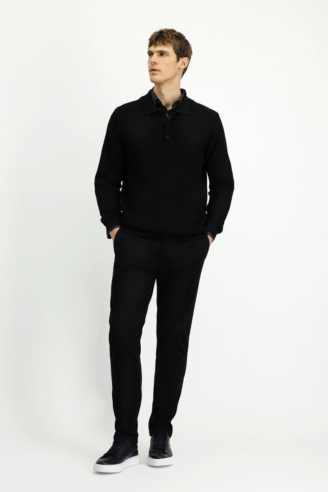 Siyah Polo Yaka Regular Fit Desenli Pamuklu Triko Kazak