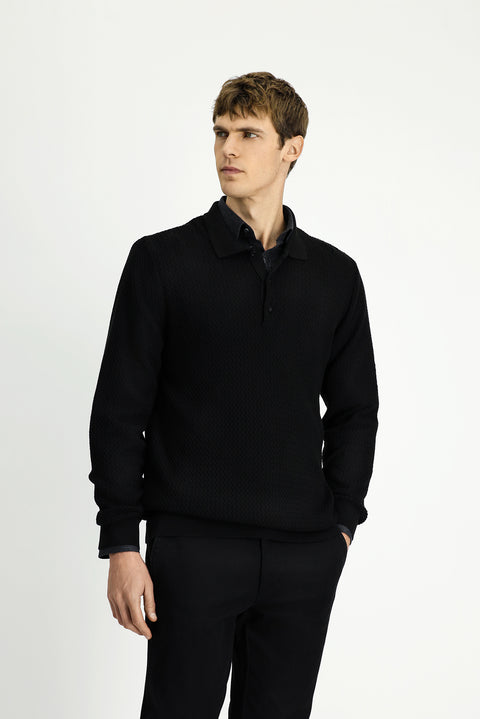 Siyah Polo Yaka Regular Fit Desenli Pamuklu Triko Kazak