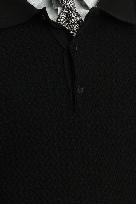 Siyah Polo Yaka Regular Fit Desenli Pamuklu Triko Kazak
