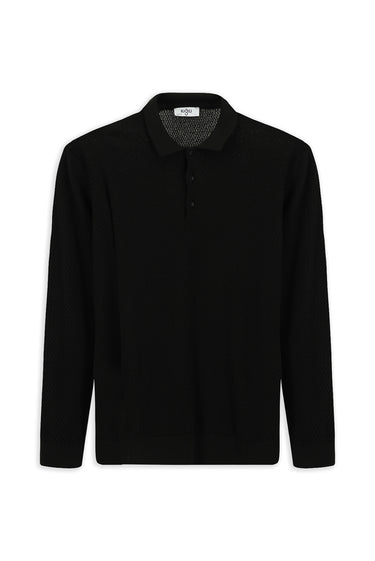 Siyah Polo Yaka Regular Fit Desenli Pamuklu Triko Kazak