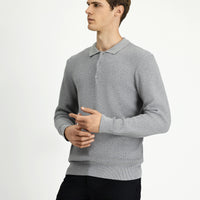 Açık Gri Melanj Polo Yaka Regular Fit Desenli Pamuklu Triko Kazak