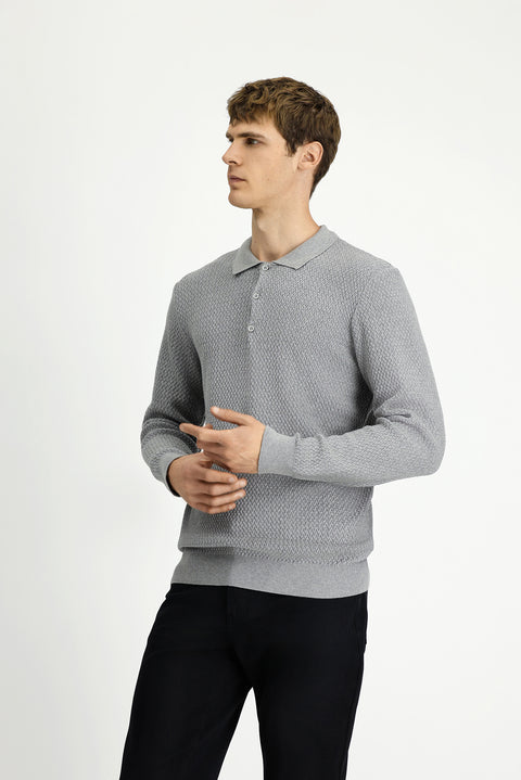 Açık Gri Melanj Polo Yaka Regular Fit Desenli Pamuklu Triko Kazak