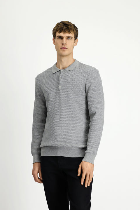 Açık Gri Melanj Polo Yaka Regular Fit Desenli Pamuklu Triko Kazak