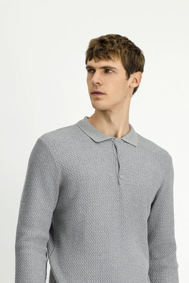 Açık Gri Melanj Polo Yaka Regular Fit Desenli Pamuklu Triko Kazak