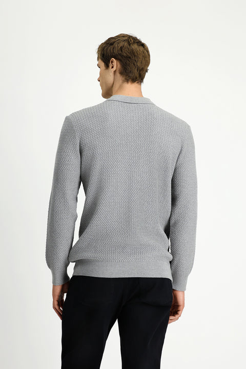 Açık Gri Melanj Polo Yaka Regular Fit Desenli Pamuklu Triko Kazak