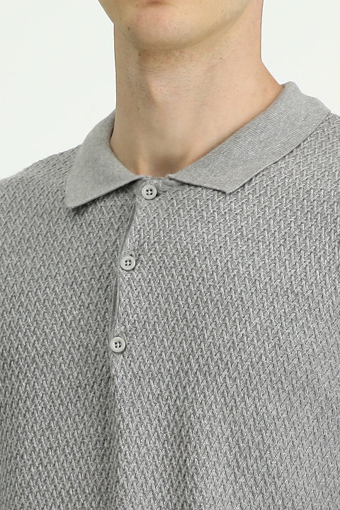 Açık Gri Melanj Polo Yaka Regular Fit Desenli Pamuklu Triko Kazak