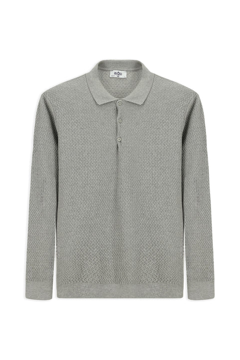 Açık Gri Melanj Polo Yaka Regular Fit Desenli Pamuklu Triko Kazak