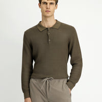 Orta Kahve Polo Yaka Regular Fit Desenli Pamuklu Triko Kazak