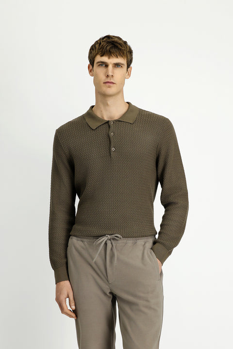 Orta Kahve Polo Yaka Regular Fit Desenli Pamuklu Triko Kazak