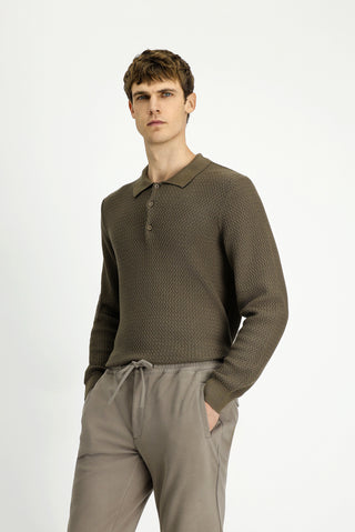  Orta Kahve Polo Yaka Regular Fit Desenli Pamuklu Triko Kazak