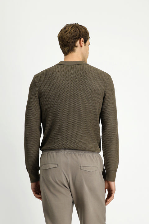 Orta Kahve Polo Yaka Regular Fit Desenli Pamuklu Triko Kazak