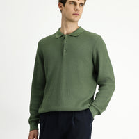 Çağla Yeşili Polo Yaka Regular Fit Desenli Pamuklu Triko Kazak