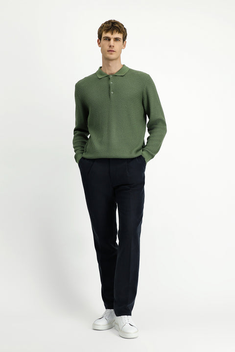 Çağla Yeşili Polo Yaka Regular Fit Desenli Pamuklu Triko Kazak