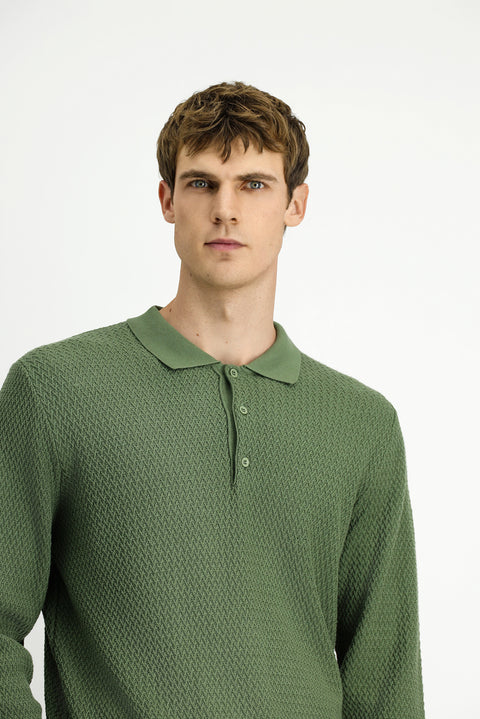 Çağla Yeşili Polo Yaka Regular Fit Desenli Pamuklu Triko Kazak