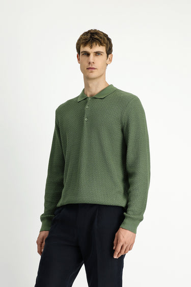 Çağla Yeşili Polo Yaka Regular Fit Desenli Pamuklu Triko Kazak